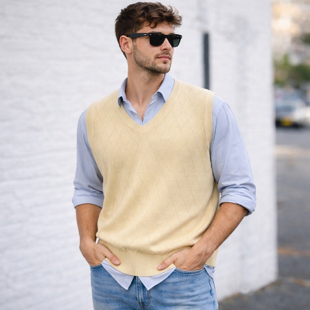 Alex Stevens Mens XL Yellow‎ 100% Cotton Tonal Argyle V-Neck Sweater Vest
